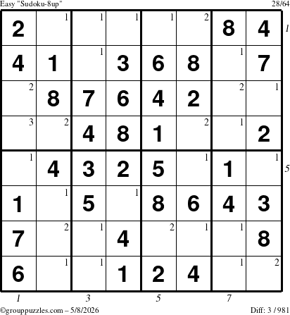 The grouppuzzles.com Easy Sudoku-8up puzzle for Friday May 8, 2026, suitable for printing, with all 3 steps marked