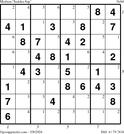 The grouppuzzles.com Medium Sudoku-8up puzzle for Friday May 8, 2026 with all 6 steps marked