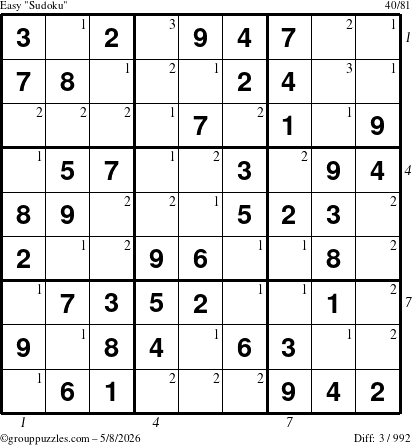 The grouppuzzles.com Easy Sudoku puzzle for Friday May 8, 2026 with all 3 steps marked
