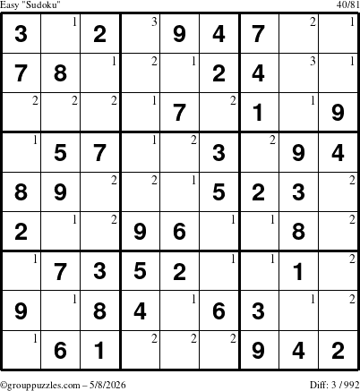 The grouppuzzles.com Easy Sudoku puzzle for Friday May 8, 2026 with the first 3 steps marked