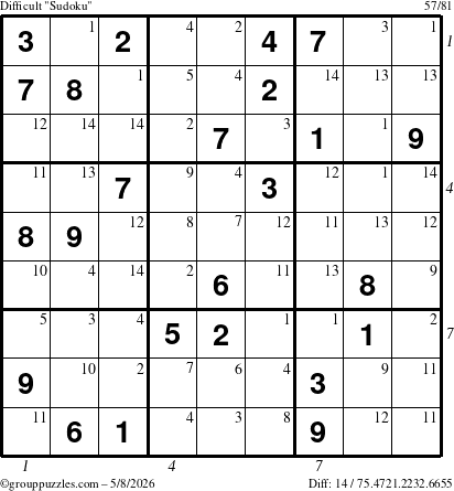 The grouppuzzles.com Difficult Sudoku puzzle for Friday May 8, 2026, suitable for printing, with all 14 steps marked