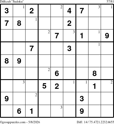 The grouppuzzles.com Difficult Sudoku puzzle for Friday May 8, 2026 with the first 3 steps marked