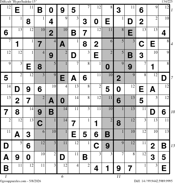 The grouppuzzles.com Difficult HyperSudoku-15 puzzle for Friday May 8, 2026 with all 14 steps marked