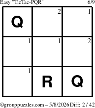 The grouppuzzles.com Easy TicTac-PQR puzzle for Friday May 8, 2026 with the first 2 steps marked